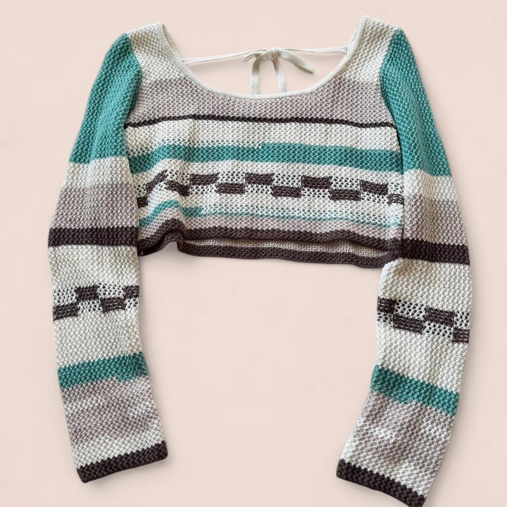 Grey Bandit Women's Size L Cropped Open Knit Striped Bell Sleeve Sweater